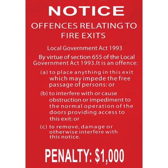 OFFENCE RELATING TO FIRE EXITS SIGN - 220MM X 150MM POLY